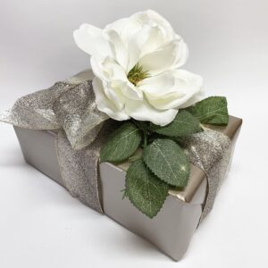 Lisa Carrier Lux Bridal Gift Wrap - Champagne Paper Glitter Ribbon Magnolia and Greenery